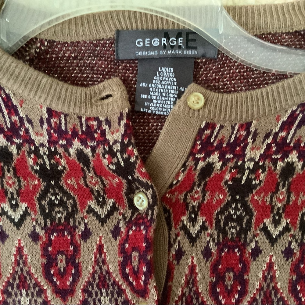 George sz L Festive Cardigan Red Tan Gold-Threaded Sweater Like New